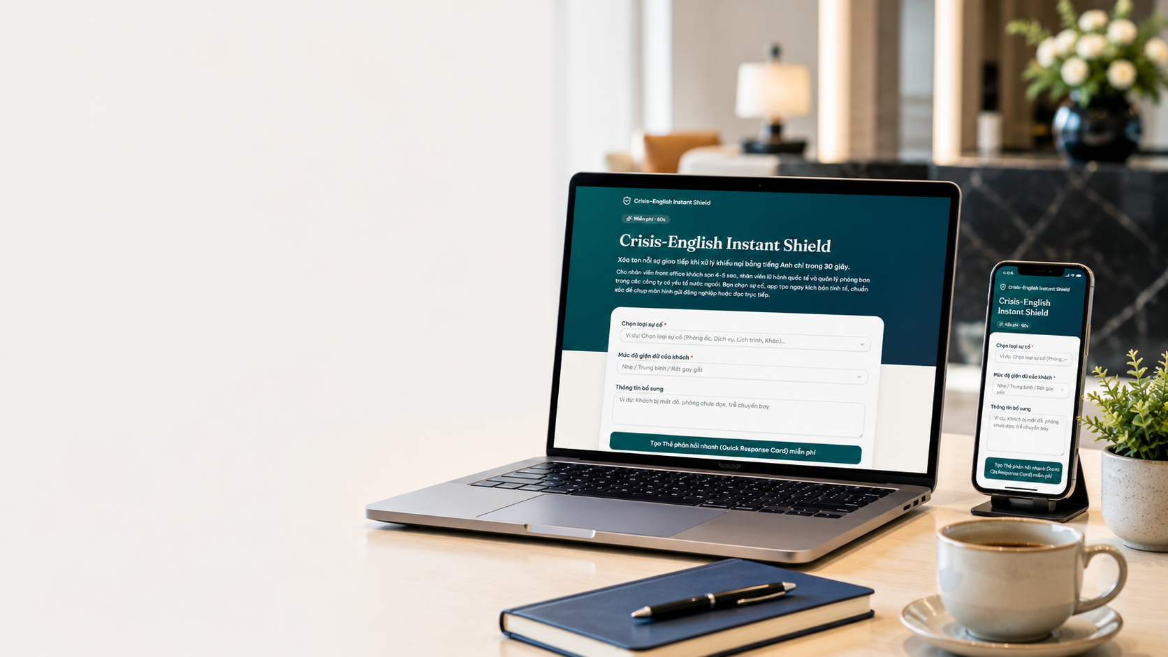 Giao diện công cụ Crisis-English Instant Shield trên laptop và điện thoại